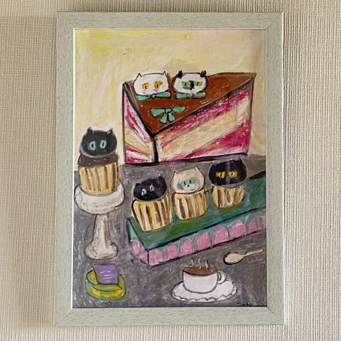 絵画。壁掛け原画【Cute cat cake】0 1