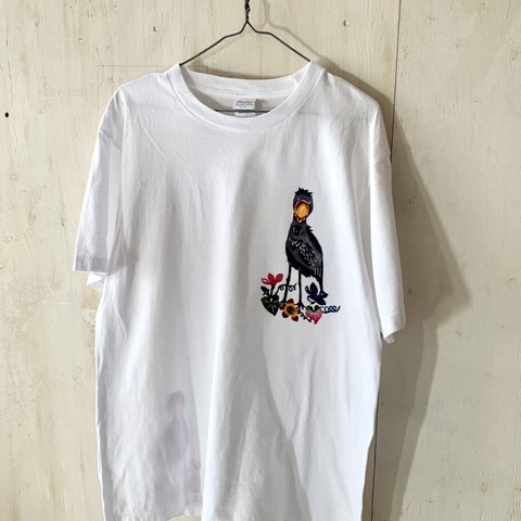 【送料無料】ハシビロコウさんの手染め紅型メンズTシャツ/ホワイト（Lサイズ）