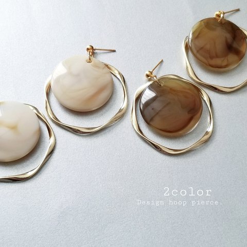 大ぶり♡マーブルコイン/ゴールドフープピアス