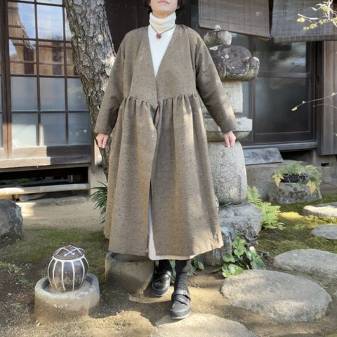 【着物リメイク】絹のカシュクールワンピース/ひげ紬/ギャザー