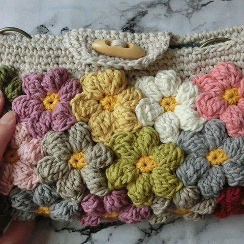 お花モチーフの3通りバック　おさえた色合い　手編み　春夏用コットン