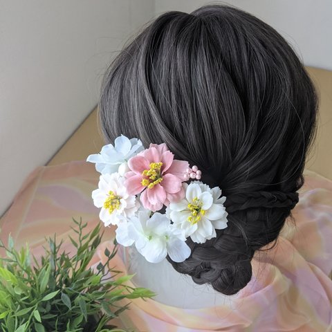 ヘッドドレス❀髪飾り　 ジニア×あじさい（ベビーピンク）ヘアアクセサリー 　造花　ウェディング 　発表会　卒園式　成人式　卒業式　フラ