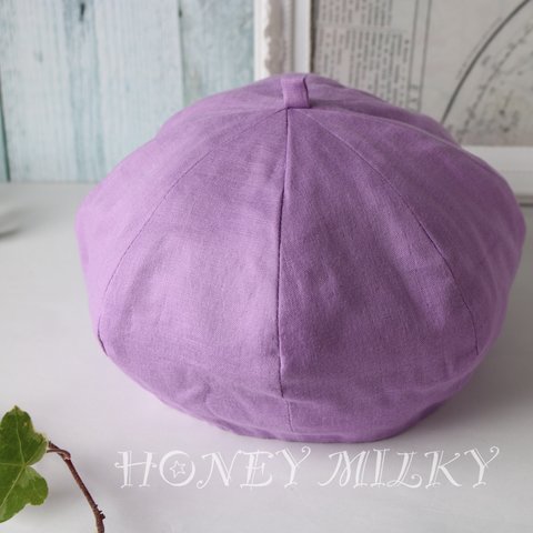 ★紫ダブルガーゼのベレー帽★ 花柄　【５２〜５４㎝】