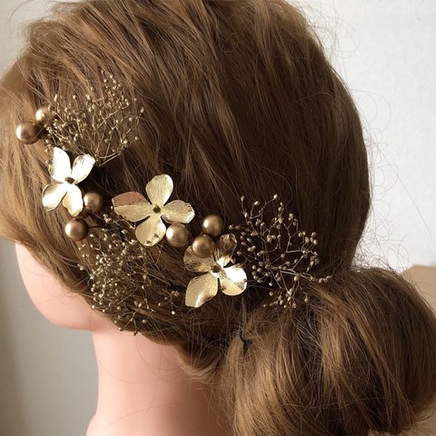  ウエディング　ブライダル　結婚式　ヘッドドレス　ヘアアクセサリー　髪飾り　花　ブライダルアクセサリー　成人式　卒業式　前撮り　ゴールド髪飾り