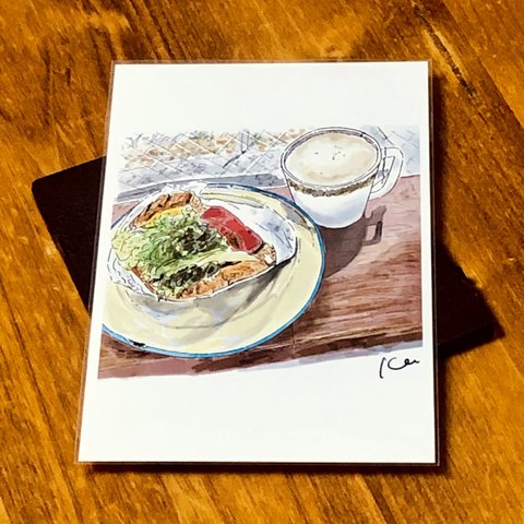 食べ物イラスト「サンドイッチとティーラテ」　ポストカード2枚セット