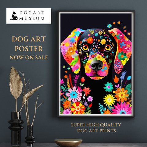 【花とラブラドールレトリバー犬の夢の世界 No.3】アートポスター 犬の絵 犬の絵画 犬のイラスト