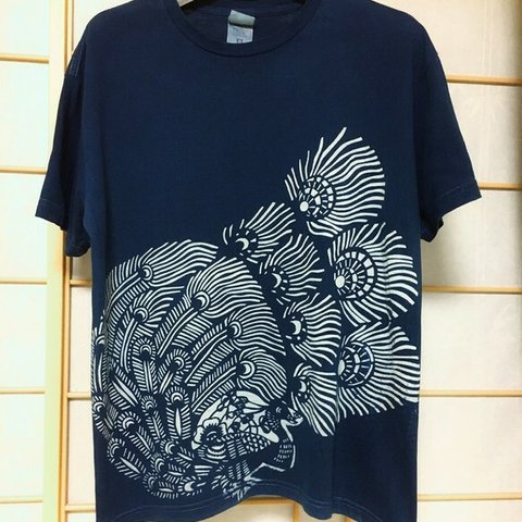 本藍染・型染Tシャツ・孔雀 