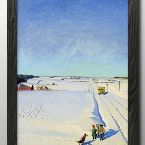 14038■ポスター　絵画　インテリア　A3サイズ　『ジョン・フィリップ・ファルター　雪の中でバスを待つ』イラスト　アート　北欧