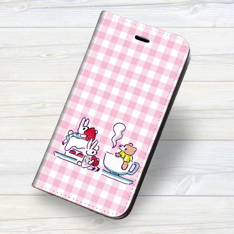 ★iPhone 専用 フラップ無し手帳型ケース★坂本奈緒 うさぎ くま チェック ピンク