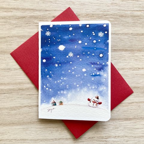 ❄️透明水彩画　2枚セット 「雪空」北欧イラストミニカード クリスマスカード　バースデーカード  クリスマス　冬　雪　雪だるま　雪の結晶❄️