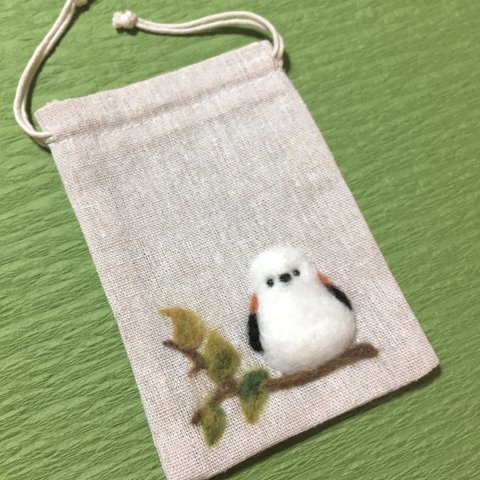 【送料無料】～シマエナガ～　羊毛フェルト刺繍　ミニ巾着