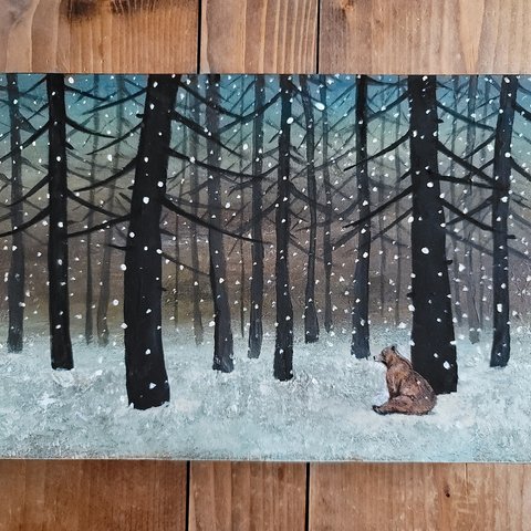 和紙キャンバス＊冬の森と熊＊原画