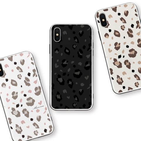 Leopard♡　ヒョウ柄×ハート 　iPhoneケース　名入れ　強化ガラスケース