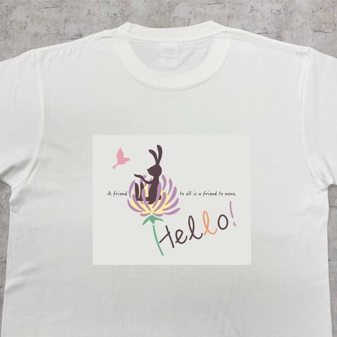 【期間限定SALE】Hello　うさぎとお花のプリントTシャツ