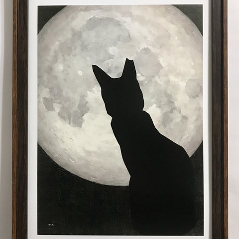 アナザームーン　複製画　アクリル絵の具　写実　静物画　猫　ねこ　月　満月　