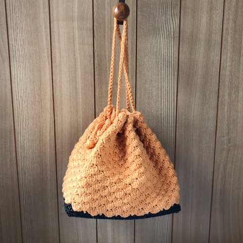 手編み 浴衣用巾着袋  オレンジ