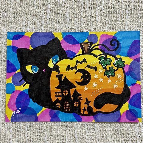 【原画】手描きイラスト「黒猫とカボチャ③」