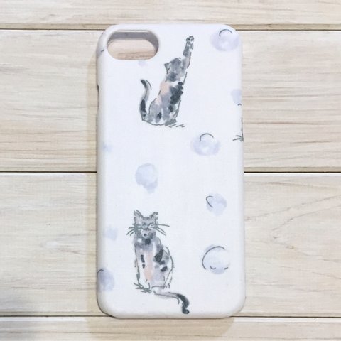 水墨画しゃぼん玉猫ちゃん柄 ホワイトグレー スマホケース【Xperia/GALAXY/iPhone】