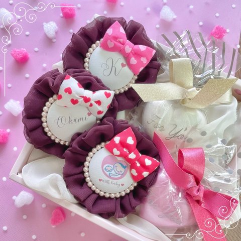 【バレンタイン限定♡】ショコラ・クールロゼット🍫💗 🌼　マタニティキーホルダー　マタニティマーク　お名前キーホルダー　シフォンロゼット　