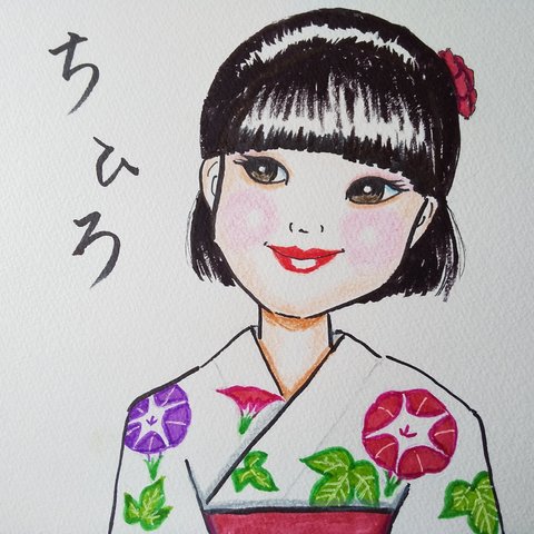 浴衣女子の似顔絵色紙