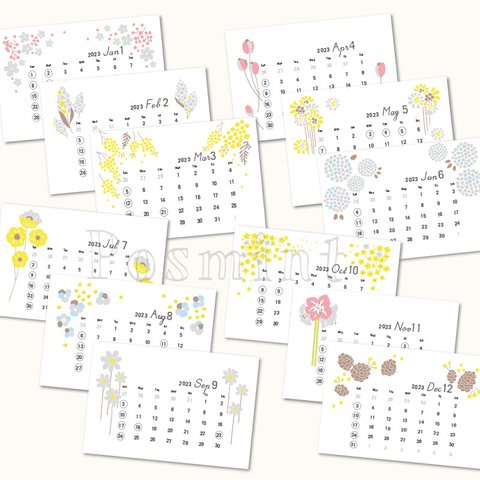 2024年・開始月が選べる/卓上カレンダー/ハガキサイズ【北欧お花・イーゼルなし】