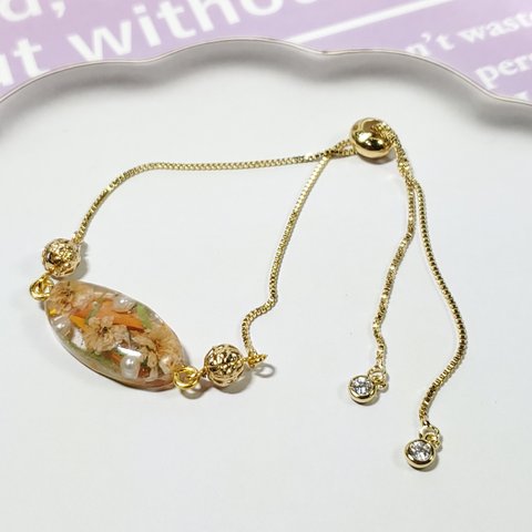 レジン レジンアクセサリー  レジンブレスレット  アクセサリー  オレンジ ゴールド   ブレスレット  ハンドメイド ハンドメイドアクセサリー ドライフラワー ドライフラワーブレスレット  