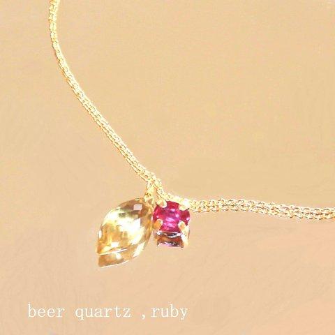 - kirakira -k18gp Beer Quartz & Ruby Necklace