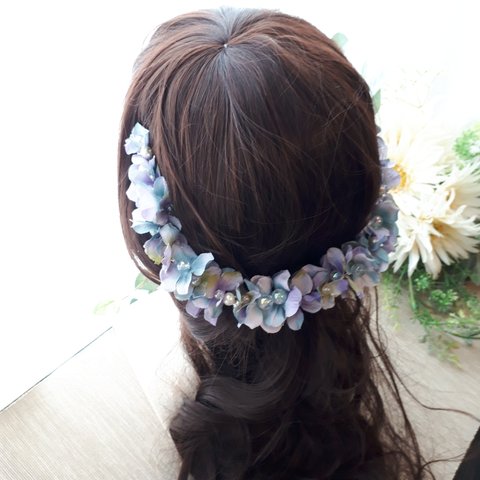 紫陽花とキラキラパールのヘアアクセサリーNo.2