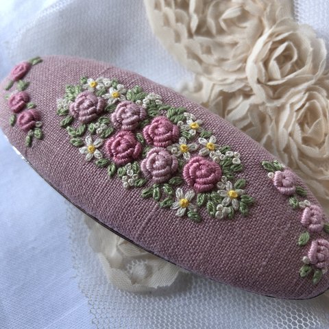 Pink rose刺繍バレッタ（大）