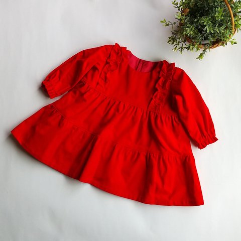 細コーデュロイの長袖ワンピース　赤　ベビー服　80cm