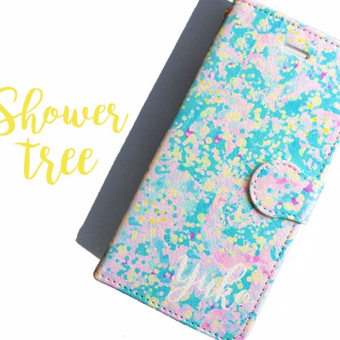 【カメラホール付】iPhone/Android PINK Shower Tree★ピンクシャワーツリー 手帳型スマホケース