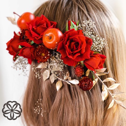 髪飾り 林檎と薔薇のヘッドドレス　ヘアアクセサリー　成人式　卒業式　結婚式　振袖　着物　和装　ヘアアクセサリー　かんざし　留袖　前撮り　髪かざり　ウェディング　フォトウェディング　おしゃれ　水引　