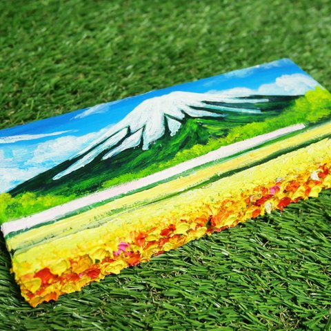 油絵 絵画 ペンケース【お花畑と富士山】