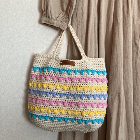 【送料無料】コットン糸のバッグ　手編みバッグ　バッグ　カラフル