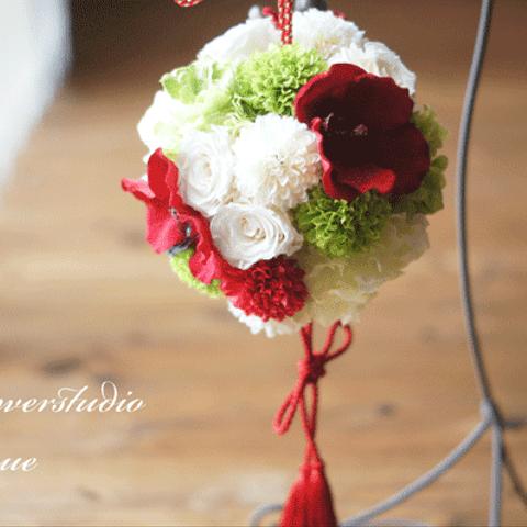 再販2　プリザーブドフラワーのバラを使った和風ボールブーケ♡結婚式の和装にピッタリ。