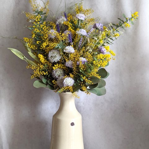 選べる花瓶！2カラー！アンティークな花瓶付きミモザとラベンダーの優しいドライフラワーアレンジメント　２WAY　花束
