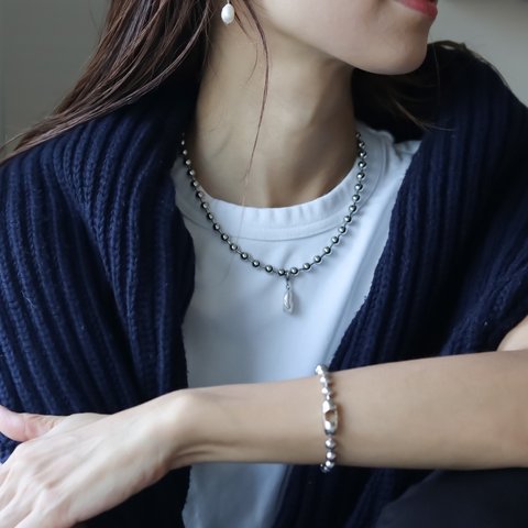 【silver】2way baroque pearl ball chain necklace