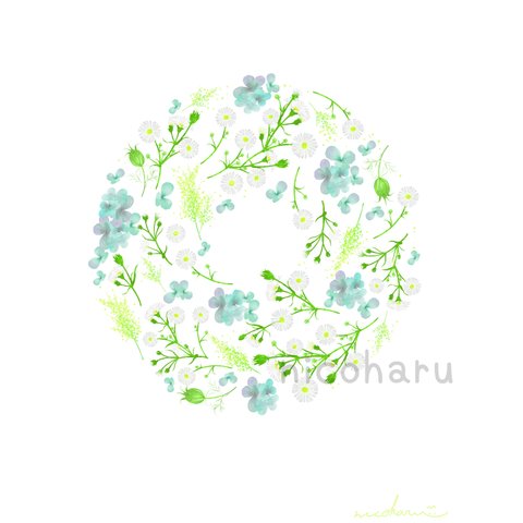白いお花とグリーンのリース　インテリアポスター　A４