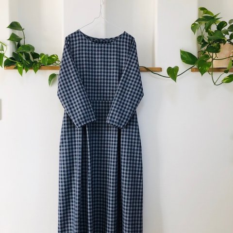 カントリーチェックコットン🌱Aラインのタックワンピース🌱ネービー×グレー