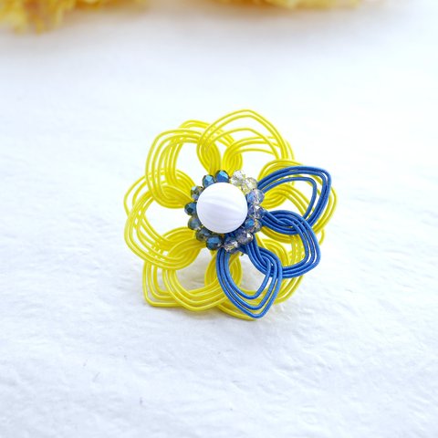 【Bloom!!】水引　青と黄のひまわり ブローチ