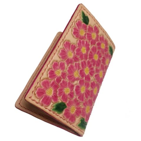 レザーカービング花柄名刺入れ　名刺ケース　カードケース