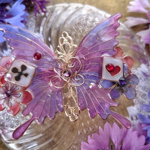 （6cm金具ベリー）アネモネとトランプの蝶のバレッタ（hair ornaments of butterfly and flower〜lost child flower language〜）