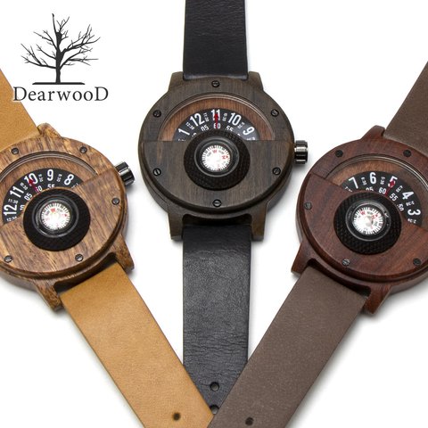 木の腕時計 DearwooD ウッドウォッチ ディアウッド 木の時計 木製 レザーベルト ディスク式 コンパス 方位磁針 メンズ 男性用 腕時計