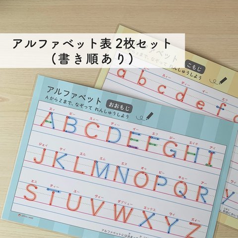 【なぞり書き-アルファベット練習表（大文字と小文字）-2枚セット】書き順付き A4サイズ アルファベット表 ラミネート加工あり 入学準備