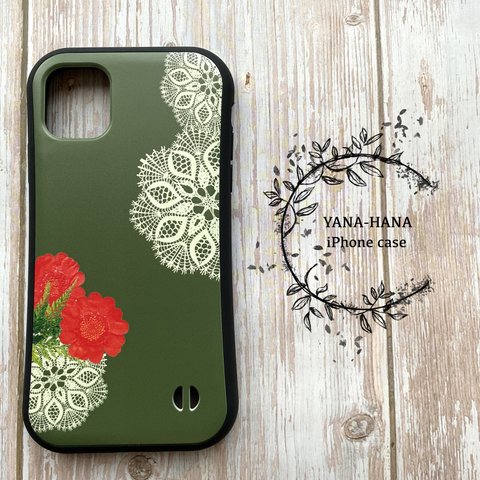 スマホケース★ iPhone13対応★ 耐衝撃 ▼ Botanical ボタニカル・花柄 / 赤▲ グリップケース☆カーキ