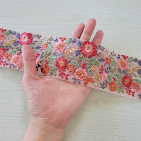 〖50cm〗インド刺繍リボン  <商品No.527 レッド>