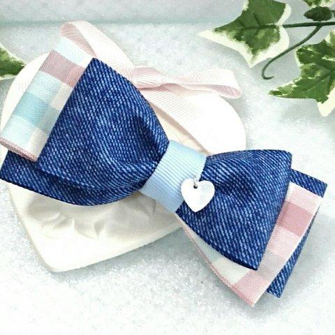 【送料込み】torte❇denim check(pink)リボンバレッタ         