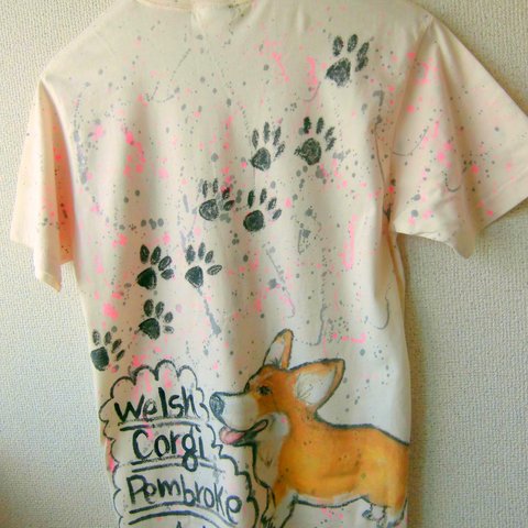 【sold-out】オーガニックコットン１００％★コーギー手書きTシャツ★１点もの