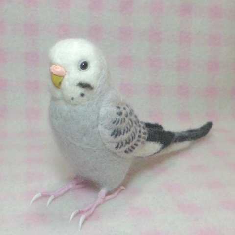 リアルサイズ♪ セキセイインコ モーブ グレー budgie 虎皮鸚鵡 羊毛フィギュア 羊毛フェルト 鳥のオブジェ リアルバード 受注制作