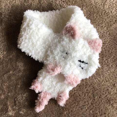 【送料無料】ふわもこ猫マフラー（白×ピンク）　キッズマフラー　♡保護猫支援♡